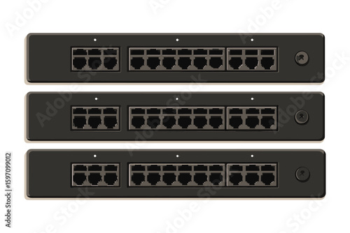 stack of ethernet network switches in clean black silhouette