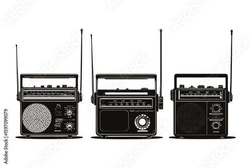 vintage radio silhouettes with retro dials and antennas