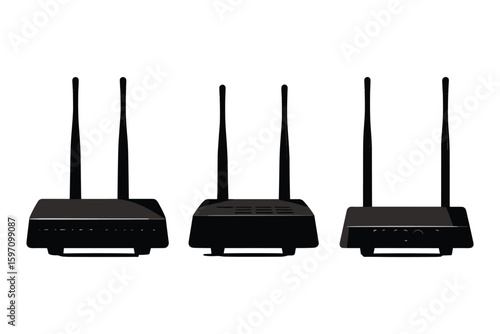 silhouette set of wireless routers with antennas