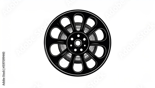 Vintage film reel, circular design, black and white illustration.