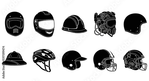 A collection of ten different helmet illustrations in black and white, showcasing various styles from motorcycle to construction and sports.