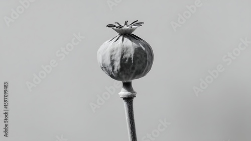 A single dried poppy seed head stands against a pale, neutral background, showcasing its textured surface and delicate crown in a monochrome image.