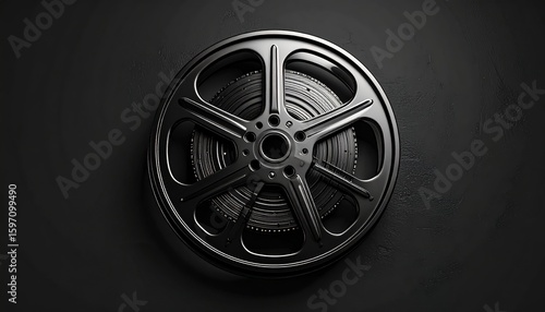 Vintage film reel, dark background, detailed close-up view.