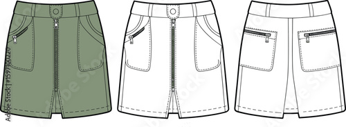 Cad drawing flat vector illustration of women’s mini skirt with front zipper, pocket detail, technical sketch, fashion design template.