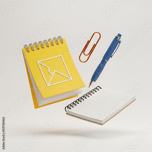 Floating Stationery: Yellow Notepad, Blue Pen, and Paperclip in Minimalist Composition