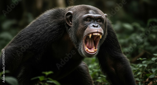 Fototapeta Naklejka Na Ścianę i Meble -  Chimpanzee showing teeth and screaming in the forest