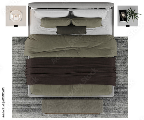 Fotografi Top view of modern double bed with pillows, blanket, nightstands and carpet isol