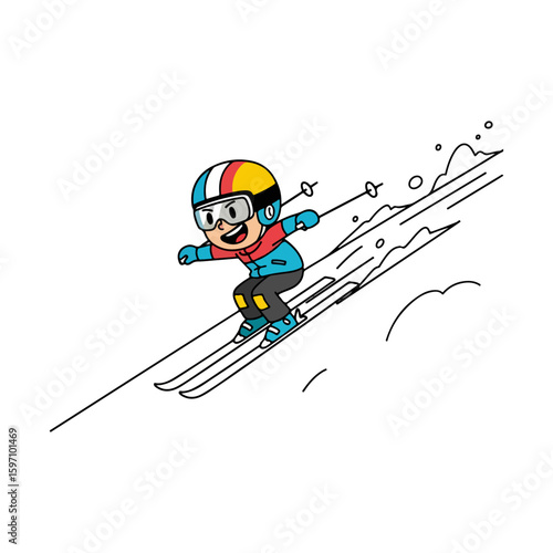 Cartoon character skiing, down a slope. Winter culture theme. Vector flat design cartoon. AI generated images.	