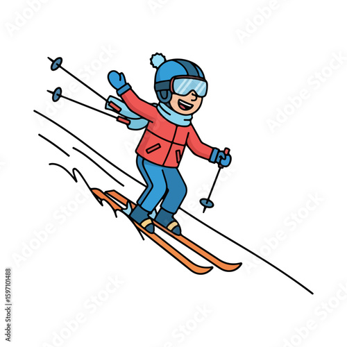 Cartoon character skiing, down a slope. Winter culture theme. Vector flat design cartoon. AI generated images.	
