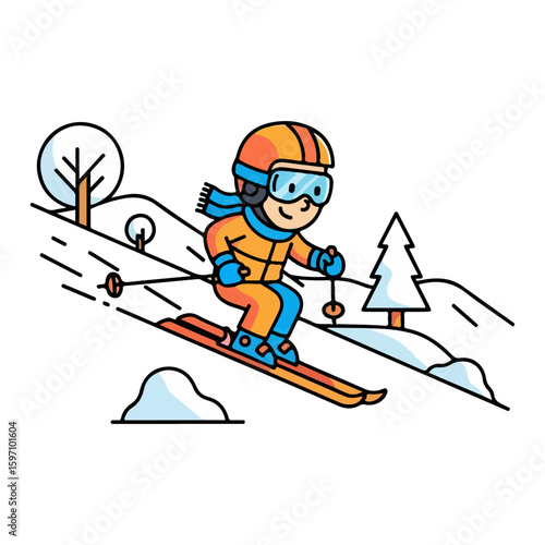 Cartoon character skiing, down a slope. Winter culture theme. Vector flat design cartoon. AI generated images.	