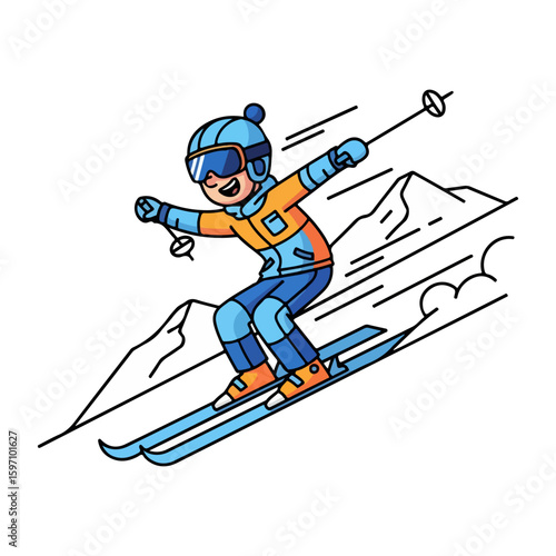 Cartoon character skiing, down a slope. Winter culture theme. Vector flat design cartoon. AI generated images.	