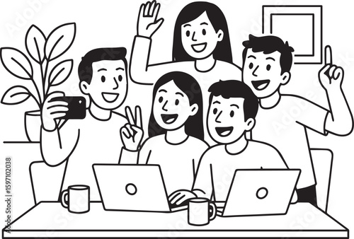 Black and White Cartoon Vector of Friends Taking Selfies Together