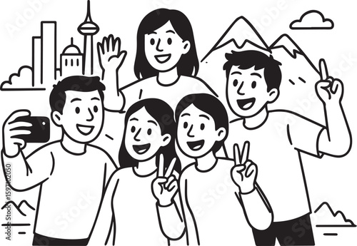 Black and White Cartoon Vector of Friends Taking Selfies Together