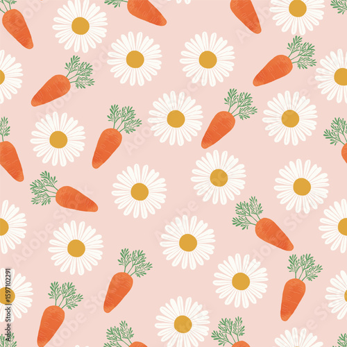 Cute seamless pattern with hand-drawn carrots and daisy flowers on a pastel pink background. Perfect for spring and summer designs,ioopp kids products, gift wrap, and fabric prints.