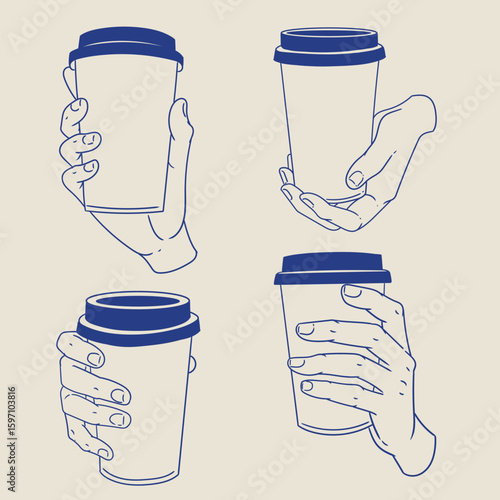 Original illustration set of a hand holding a glass of hot beverage, hand-drawn in a minimalist style. Posters, cards, cafe menus, and graphic design.