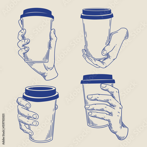 Original illustration set of a hand holding a glass of hot beverage, hand-drawn in a minimalist style. Posters, cards, cafe menus, and graphic design.