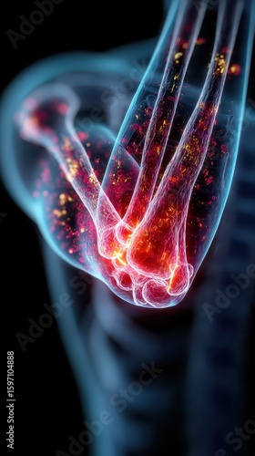 Medical visualization of a diseased elbow joint, highlighting inflammation and arthritic pain.
