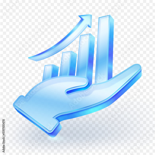 3d hand holding business growth chart icon3D translucent blue glass hand supporting a rising bar graph with an upward arrow icon, symbolizing growth, business success, and financial progress. Vector i