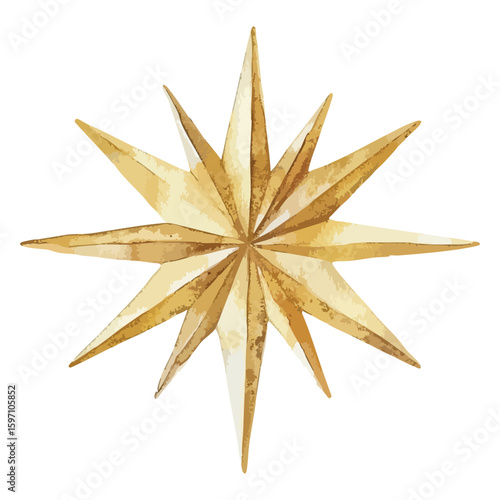 Golden christmas star watercolor illustration, isolated