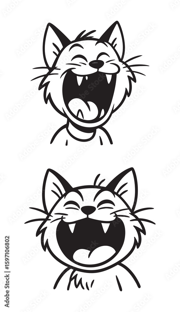 Fototapeta premium Bold Black and White Cartoon Cat with Open Mouth and Sharp Fangs