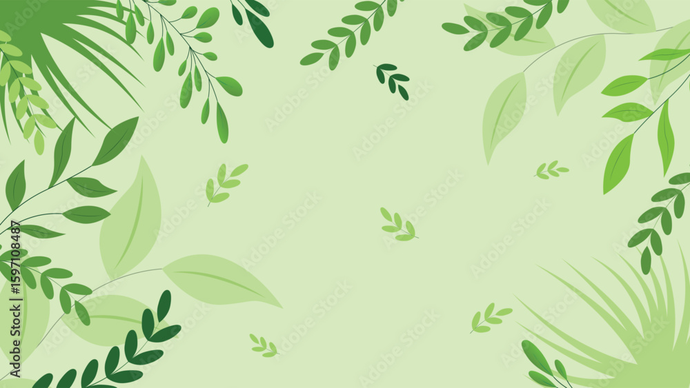 Naklejka premium Natural leafy background featuring green branches and tropical foliage on a soft green backdrop ideal for eco designs invitations and nature themes
