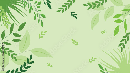 Natural leafy background featuring green branches and tropical foliage on a soft green backdrop ideal for eco designs invitations and nature themes