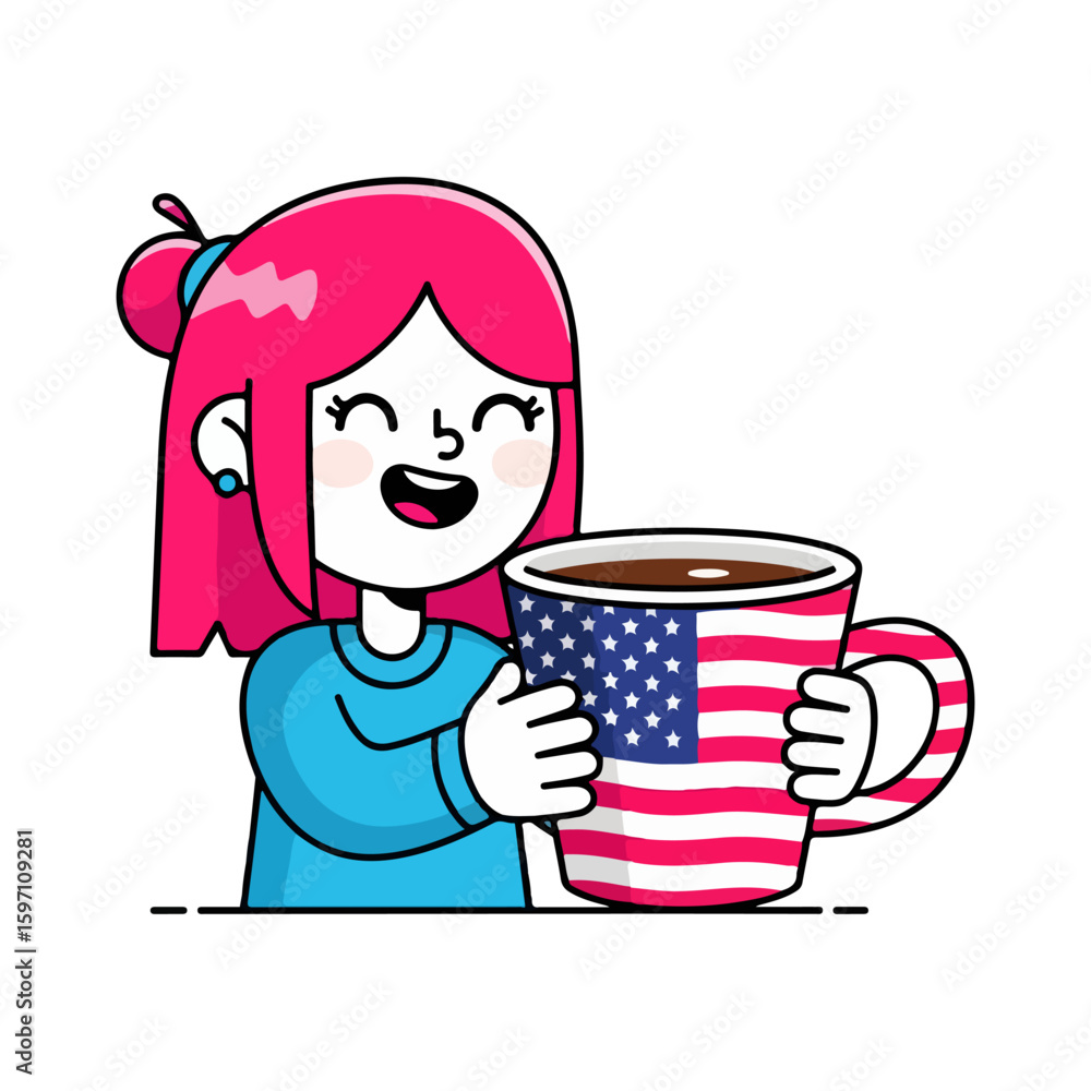 Fototapeta premium Cartoon character holding a big coffee cup, with American flag pattern. American culture. Vector flat design cartoon. AI generated images.