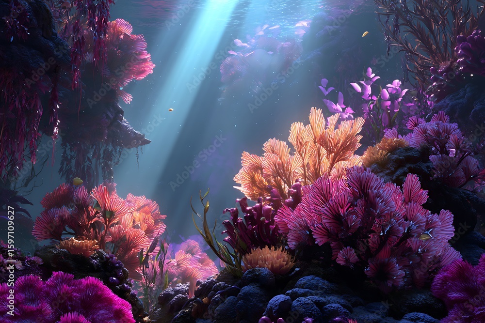 Fototapeta premium Underwater Coral Reef Scene with Sunlight, Marine Life, and Vibrant Colors