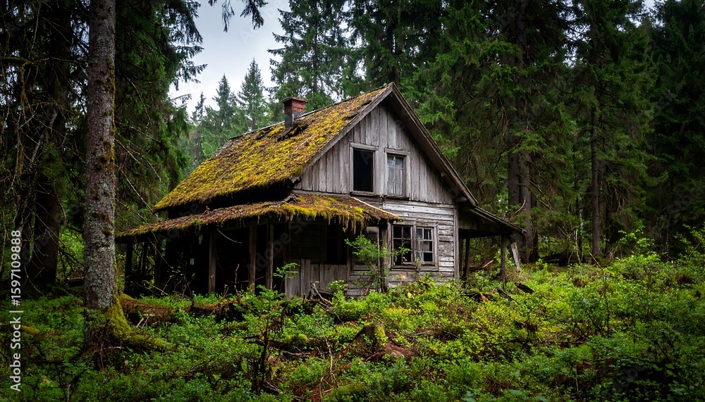 Abandoned wooden cabin in a dense forest Abandoned wooden cabin in a dense forest