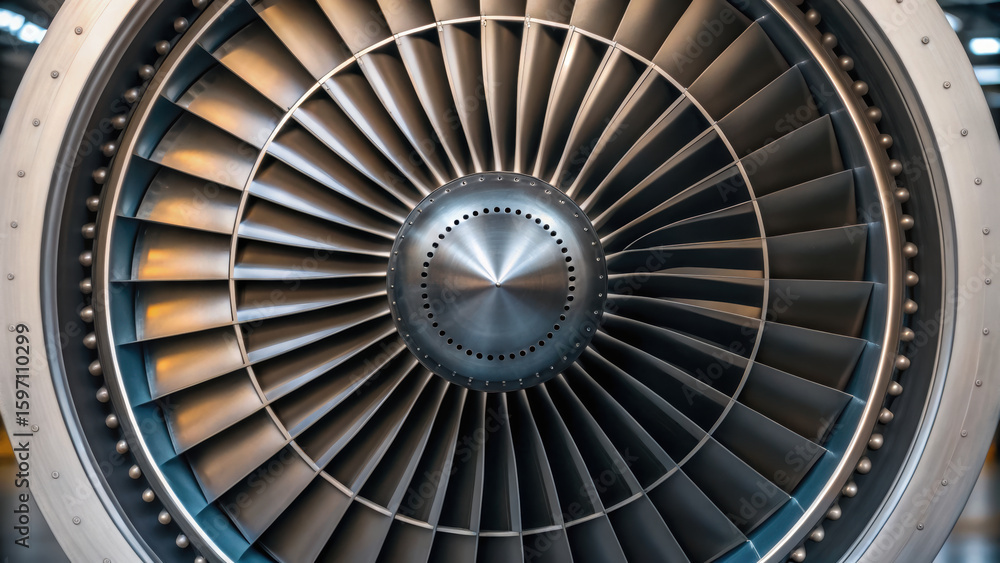 Fototapeta premium Jet engine turbine blades close up showing engineering work in energy sector with metal components designed for efficient power generation