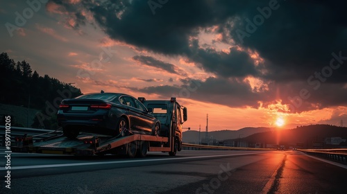 Tow Truck With Vehicle At Dusk On Highway