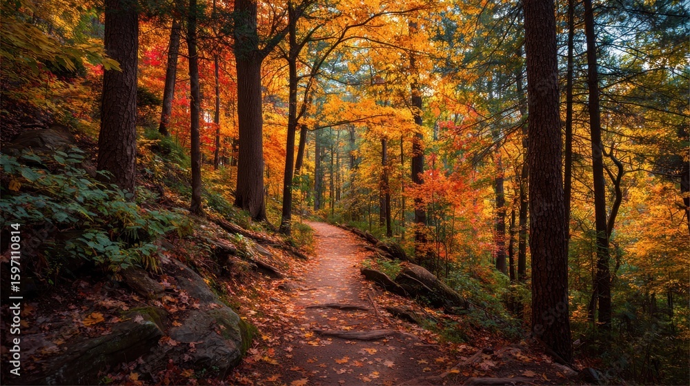 Obraz premium Autumnal Forest Path: A Serene Hike Through Vibrant Fall Foliage