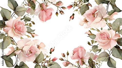 Watercolor floral frame with pink roses, buds, and green leaves on white