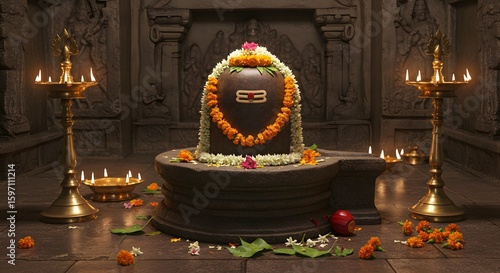 Ancient Shiva Lingam in temple with Floral Offerings, made by Ai