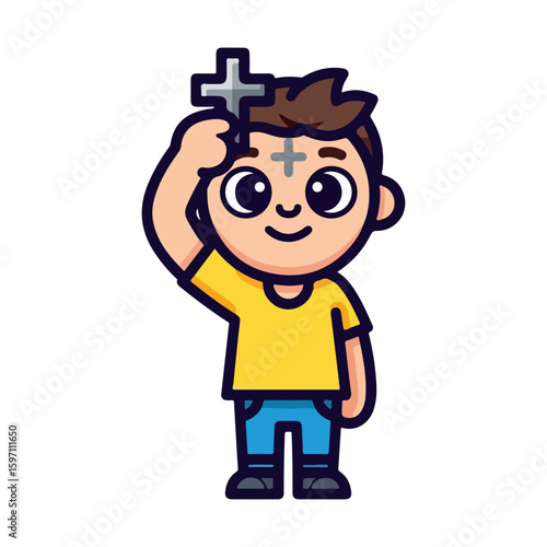 Cartoon characters are given ash crosses on their foreheads, Ash Wednesday theme. Vector flat design cartoon. AI generated images.	
