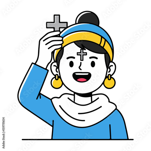 Cartoon characters are given ash crosses on their foreheads, Ash Wednesday theme. Vector flat design cartoon. AI generated images.	