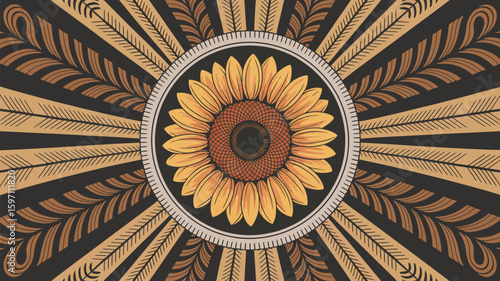 Aesthetic sunflower art with radiating patterns and earthy tones creates a visually stunning composition, evoking nature's beauty and artistic flair for design projects