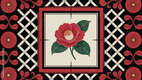 Elegant Camellia Blossom Framed by Geometric Patterns in Red, Black, and Cream Offering a Sophisticated and Timeless Design, Suitable for Decorative Applications and Creative Projects