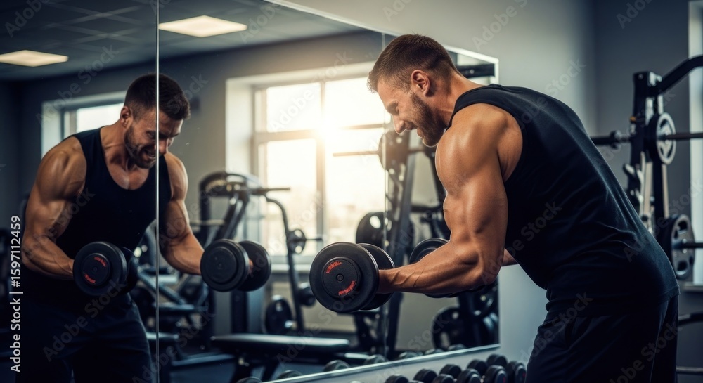 A muscular man in a black tank top and shorts, lifting a dumbbell in a gym with a mirror reflecting his image. A muscular man in a black tank top and shorts, lifting a dumbbell in a gym with a mirror reflecting his image.