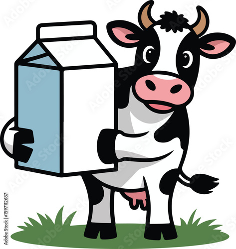 A cute cartoon cow happily holding a carton of milk on a patch of green grass. Transparent png vector