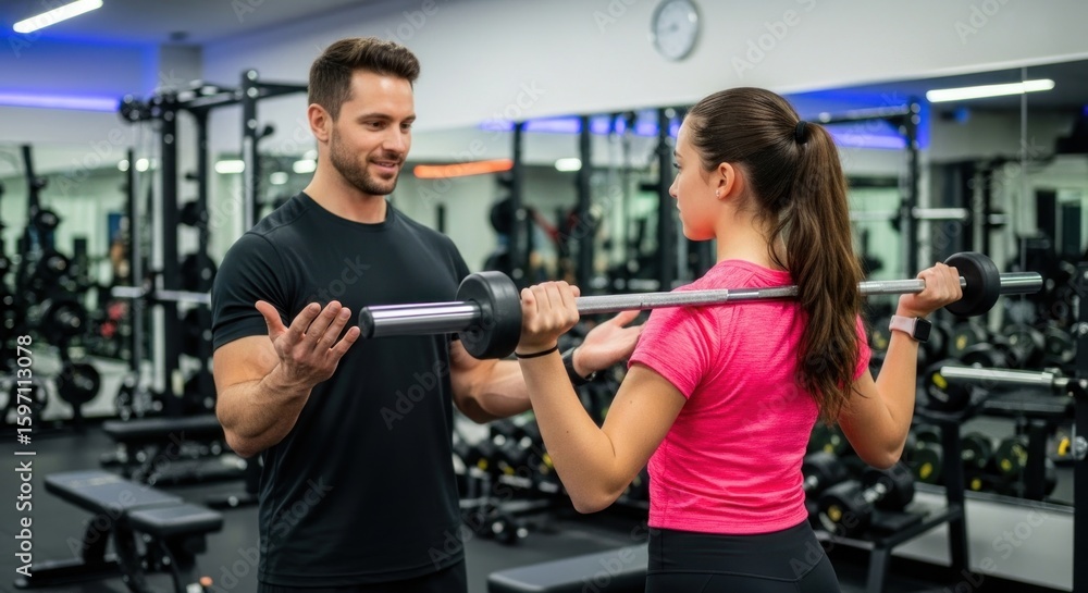 A man and a woman in a gym, with the man holding a barbell. A man and a woman in a gym, with the man holding a barbell.