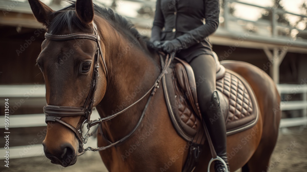 Obraz premium Woman In Riding Attire On Horse In Snowy Stable