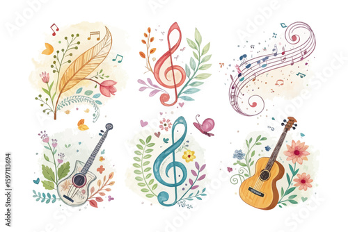 set of watercolor musical melody vector illustration isolated on white background