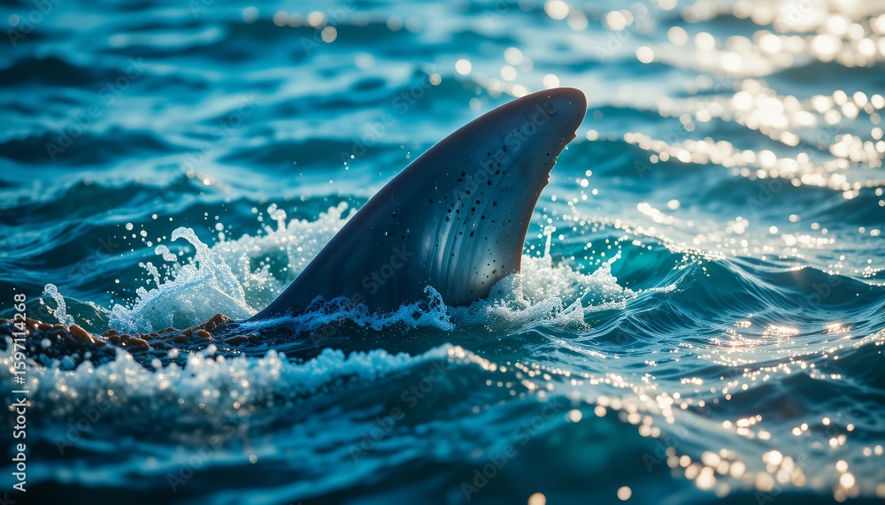 Fototapeta premium A solitary shark fin cutting through shimmering ocean waves under bright daylight