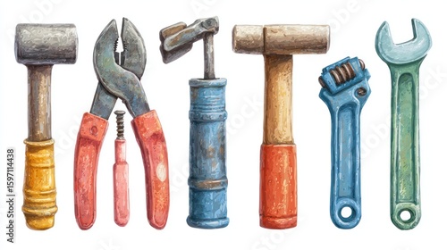 Watercolor depiction of tools lined up a hammer, pliers, wrench, and other instruments