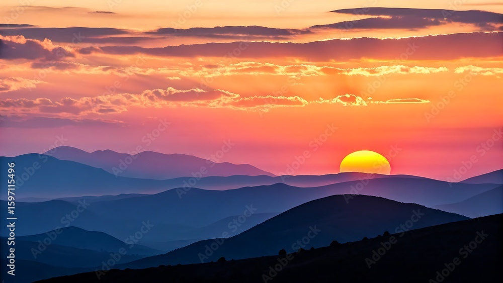 Fototapeta premium Vibrant sunset over layered blue mountains with fiery sky