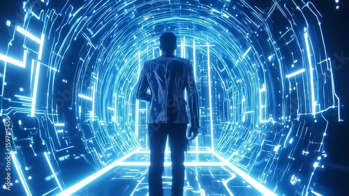 Futuristic Businessman Enters Digital Tunnel, Tech Journey