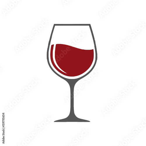 Stylized illustration of a wine glass filled with red wine against a white background.
