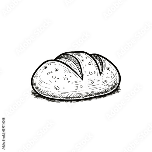 Hand-drawn sketch of a crusty artisan loaf of bread, showing texture and detail.