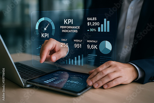 Business performance kpi metrics visualized on smart dashboard with charts showing sales growth and indicators for productivity tracking and digital success analysis